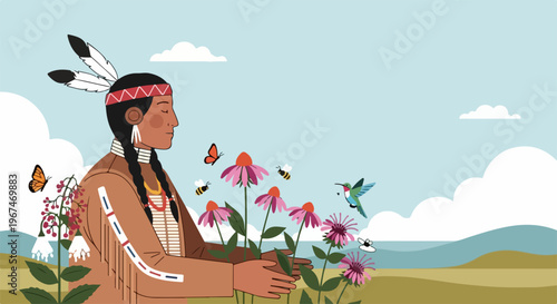 Native American culture illustrated, woman tending vibrant wildflowers. Traditional dress, environmental respect, reflecting Native American culture. Artwork promotes Native American culture,
