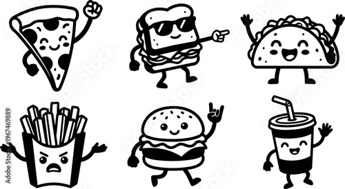 Black and white cartoon fast food characters pizza sandwich taco fries burger soda vector art