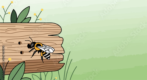 Cartoon bee on wood surface with small holes and lush green grass surroundings. Vivid bumblebee on wood showcases insect details and natural environment.