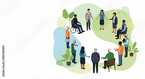 Illustrating diversity inclusion with multiethnic people in various settings, forming collaborative circle. Diversity inclusion showcases different ages, abilities, backgrounds,