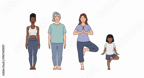 Diverse yoga group featuring people of various ages and ethnicities in different poses. Diverse yoga group includes young woman, older adult, and child demonstrating tree pose for wellness.