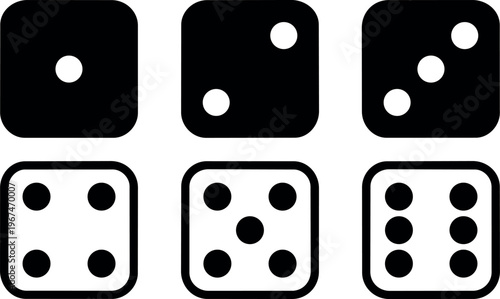 Black and white line art dice numbers one to six vector icons