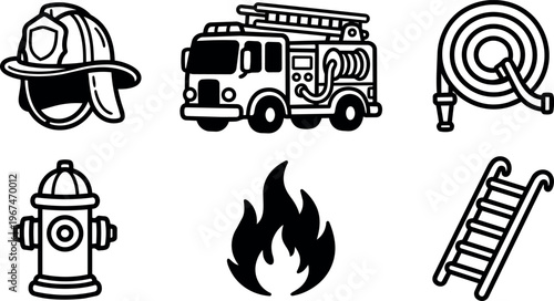 Black and white fire truck helmet ladder fire hose and hydrant icons line art