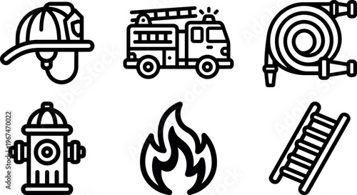 Firefighter helmet fire truck hose hydrant flame and ladder line art vector icons