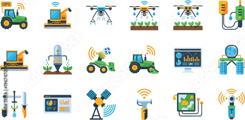 Agricultural Drone and Smart Farming Technology Icons Set Featuring GPS, Automated Machinery, and IoT Solutions for Precision Agriculture