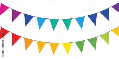 Two rows of colorful triangular bunting flags hanging on strings for celebration, party, or festival decoration
