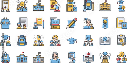 Collection of Education, School, and Learning Icons Representing Academic Services, Student Life, Graduation, and Online Learning Resources
