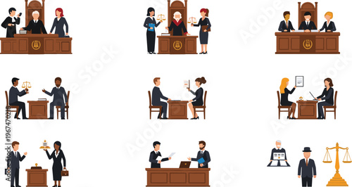 Set of Legal and Courtroom Icons Depicting Judges, Lawyers, Court Hearings, and Legal Proceedings