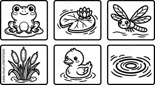 Frog lily pad dragonfly cattail duck pond ripples