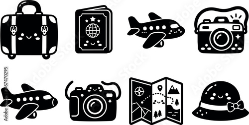 Cute line art travel icons with suitcase camera airplane passport map and hat