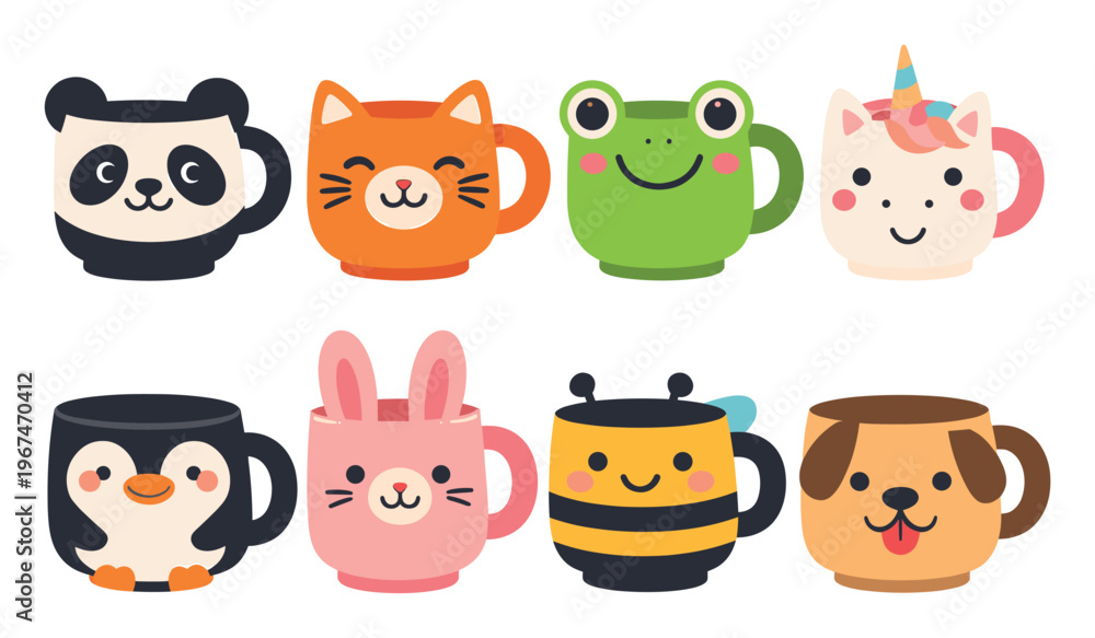 Obraz premium Adorable collection of cartoon animal mugs or cups, each with a unique cute character design for kids and lovers of kawaii aesthetics