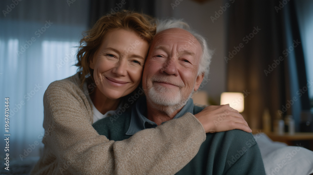 Fototapeta premium Adult daughter embracing elderly father in cozy home hospice bedroom, morning light streaming through curtains, comfort care supplies organized on nightstand, perfect for end-of-life care, family ca
