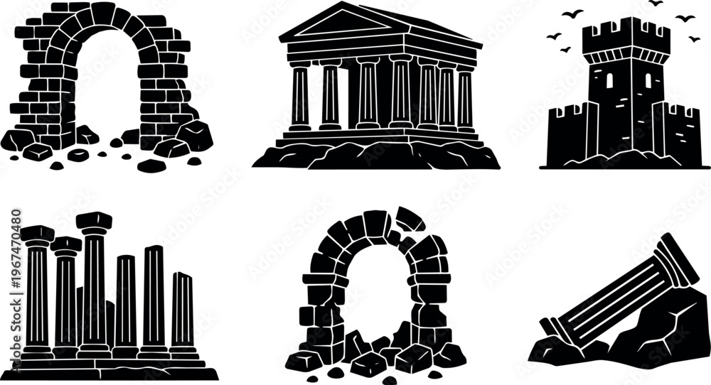 Fototapeta premium Ancient ruins with columns arches and castle tower