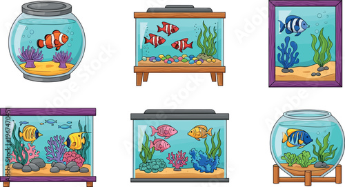 Illustration Set of Fish Tanks with Colorful Fish, Coral, and Aquatic Plants in Different Aquariums for Pet, Aquarium, and Marine Life Designs