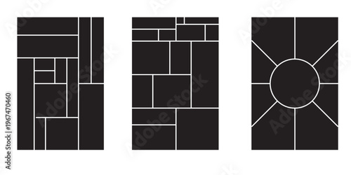 Photo collage template. Mood board layout. Mosaic pictures album grid. Moodboard background. Photomontage images. Scrapbook frames. Rectangle poster design with circle. Vector illustration