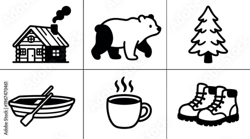 Black and white camping cabin bear tree boat hot coffee boots icons