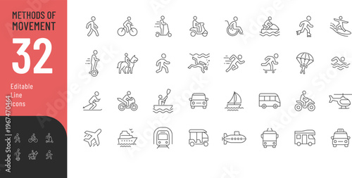 Methods of Movement Line Editable Icons set. Vector illustration in a modern thin line style depicting different types of land, water and air transport and people moving. 