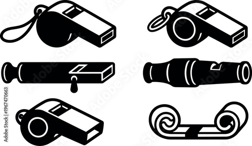 Black and white whistle and kazoo silhouette icons set in flat design