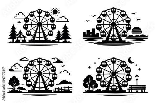 Ferris wheels in various settings including parks and cities, depicting amusement, fun, and entertainment at different times