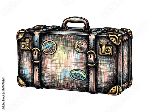 Vintage leather travel trunk adorned with colorful destination stickers