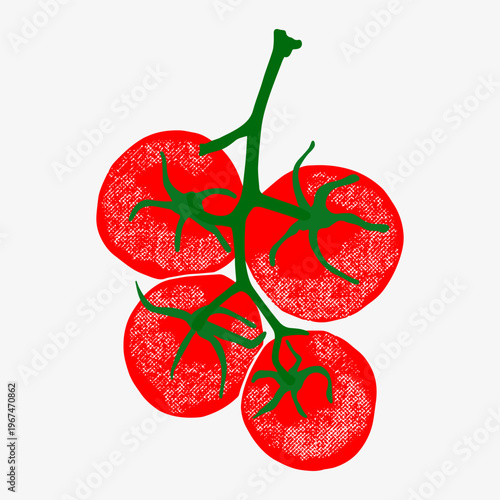 Ripe red cherry tomatoes on a branch in hand-drawn textured style. Food illustration for packaging, recipe designs, kitchen decor, labels, prints, posters.