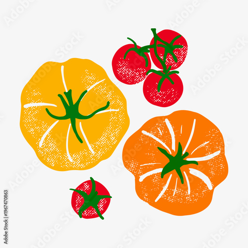 Set of  different tomatoes and cherry tomatoes. Bright, colorful tomatoes in trendy textured sketch style. Perfect for food packaging, kitchen decor, recipe designs, labels, prints.