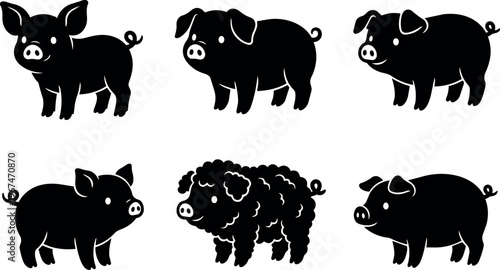 Black silhouette piglets and curly haired pig vector art set