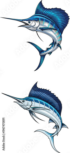 Blue Marlin Sailfish Jumping Vector Illustration  Sport Fishing Graphic Art