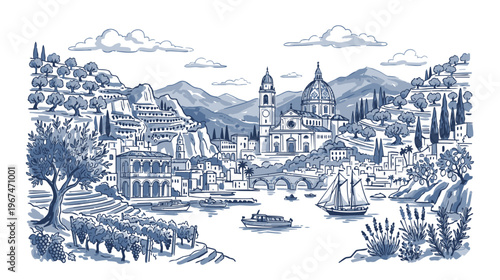 Vektorgrafik einer mediterranen Küstenstadt in Italien mit Kathedrale, Hafen und Weinreben