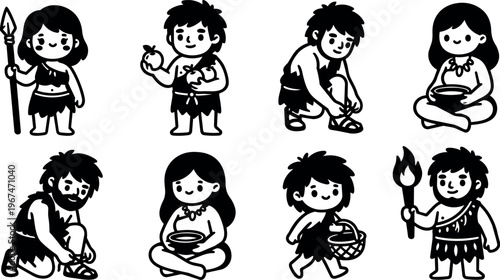 Black and white caveman and cavewoman characters with spear torch basket and fruits