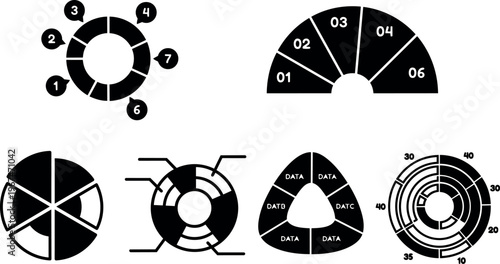 Black and white circular segmented charts with numeric and data labels vector art