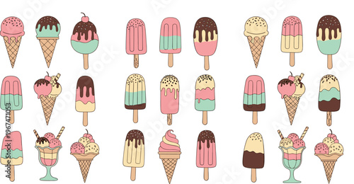 Pastel Ice Cream Cone, Popsicle, and Sundae Illustration Set with Various Toppings for Dessert, Summer, and Food Graphics