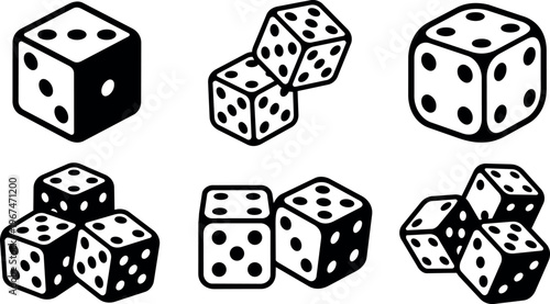 Black and white dice set with single and multiple cube arrangements vector art