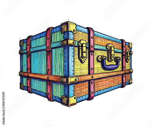 Colorful vintage travel trunk with brass hardware and leather straps