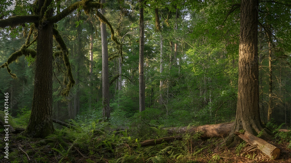 Fototapeta premium A dense, ancient forest with moss-draped branches, towering trees, and a fallen log on the forest floor, bathed in soft, diffused sunlight and mist Keywords: forest, woods, trees, sunlight