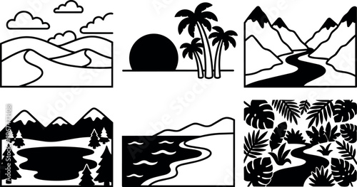 Landscapes with mountains hills river sea beach and tropical plants