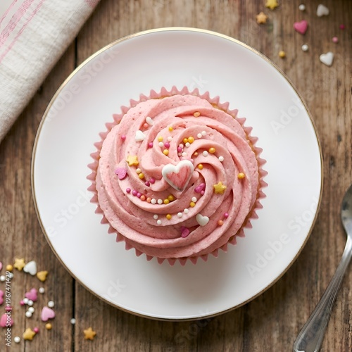 Delicious pink frosted cupcake with colorful sprinkles on a white plate