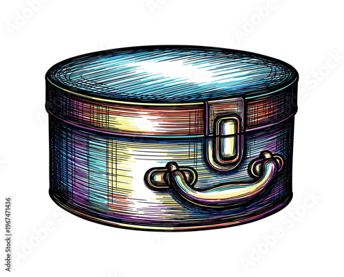 Vintage round hat box with handle and clasp, drawn in colorful sketch style