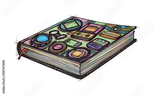 Colorful sketch of a vintage travel guide book filled with retro gadgets
