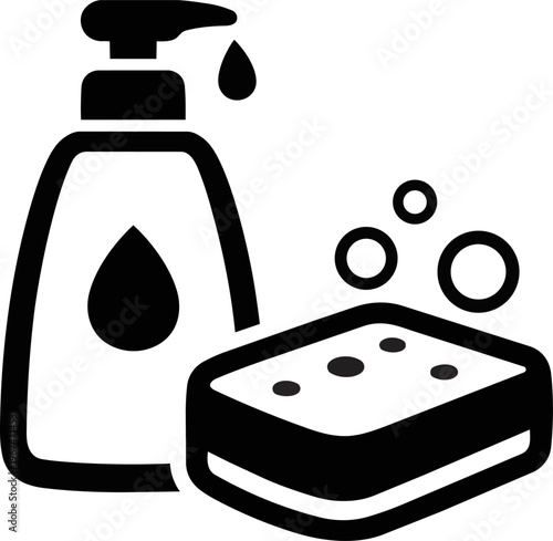 Simple cleaning set icon with sponge and liquid soap bottle in a flat minimal style. Black silhouette isolated on a light background. Suitable for hygiene, housekeeping and cleaning service design.