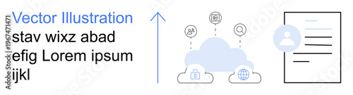 Cloud computing, data sharing, networking, document management, user profiles, online communication. Diagram of cloud linking icons and user profile with a document. Cloud computing and data sharing