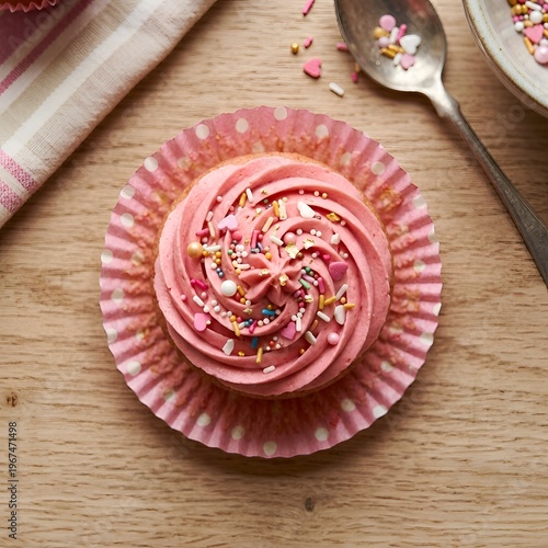 Delicious pink frosted cupcake with colorful sprinkles on a polka dot wrapper