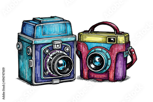 Colorful vintage cameras illustration with a retro and artistic style