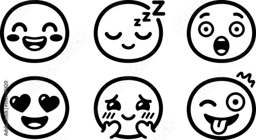 Black and white line art smiling sleeping surprised love heart eyes shy and winking playful emojis
