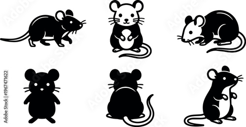 Black silhouette cartoon mouse set in various poses vector art