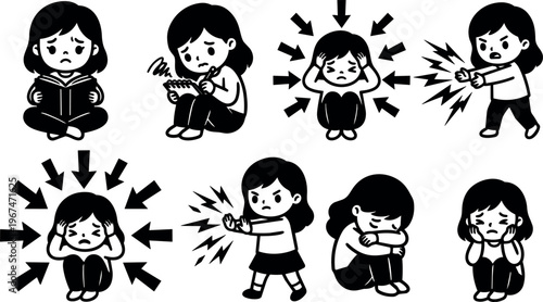 Black and white line art stressed girl in various sad and angry poses vector art