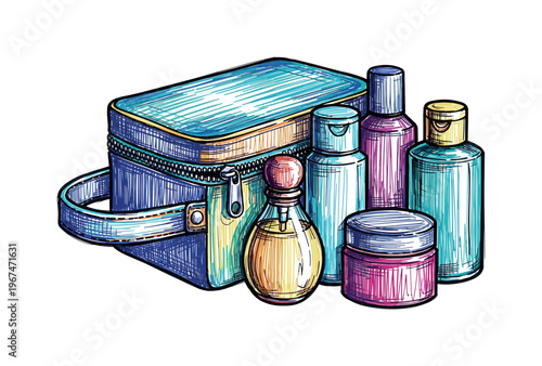 Artistic sketch of a toiletry bag with assorted cosmetic bottles and jars