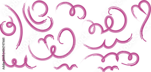 Collection of various pink and purple abstract brush strokes and swirling lines on white background