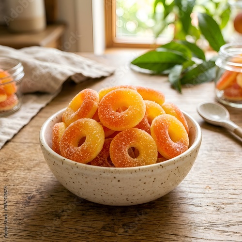 A bowl of sugary peach rings on a rustic wooden table with jars and greenery