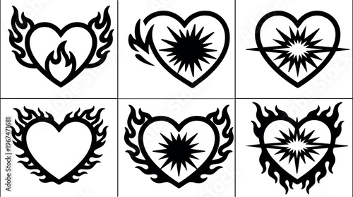 Black and white flaming heart line art with starburst center set